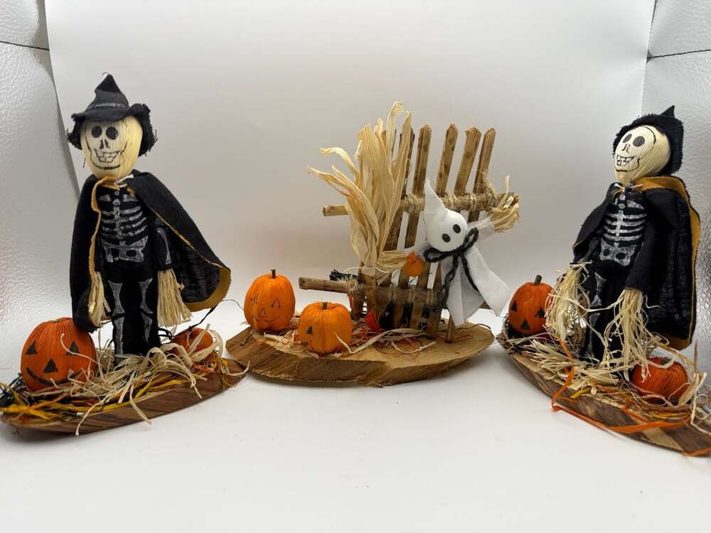 Vintage Handmade Halloween Scarecrow Witch and Ghost Figures Set Wooden Base